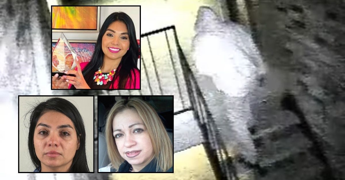 Top inset: Mayra Velasquez (Facebook). Bottom left inset: Mayra Velasquez (Tarrant County Sheriff's Office). Bottom right inset: Irasema Chavez (Arlington Police Department). Background: Surveillance footage released by police in Texas that allegedly shows Mayra Velasquez entering Irasema Chavez's home before stabbing her 100 times (APD/YouTube).