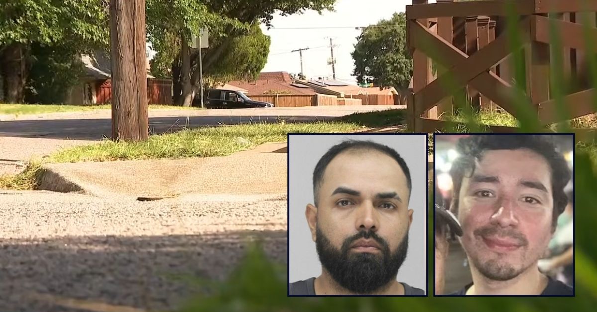 Left inset: Noe Ibarra Cedeno (Dallas County Sheriff's Office). Right inset: Tony July Vasquez (KDFW/YouTube). Background: The area in Irving, Texas, where Noe Ibarra Cedeno allegedly mowed down and killed Tony July Vasquez (KDFW/YouTube).