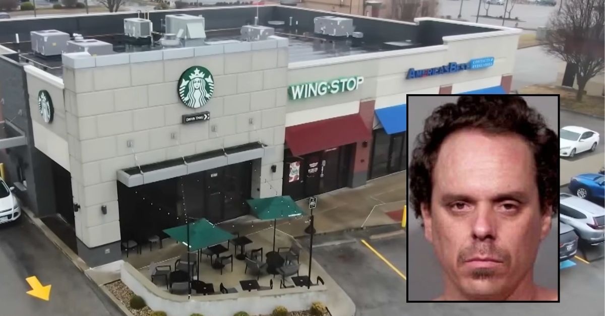 Inset: Timothy Dubois (Collinsville Police Department). Background: The Illinois Starbucks where Timothy Dubois abducted his victim (KTVI/YouTube).