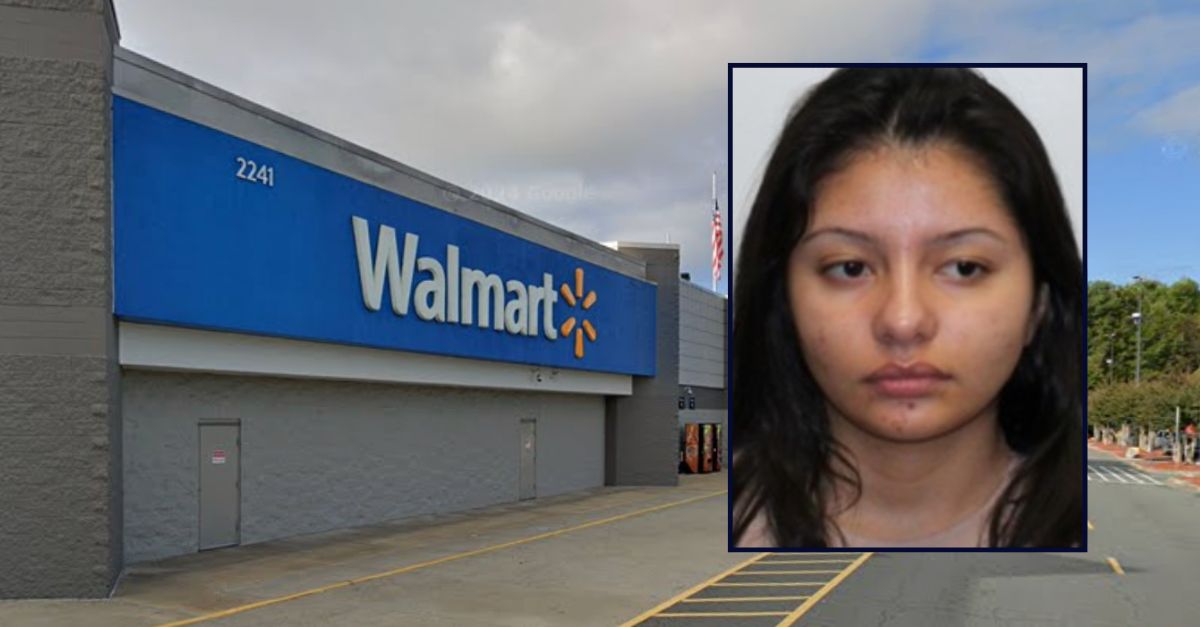 Vilma Elizabeth Huerta appears in a booking photo inset against an image of a Walmart in North Carolina.