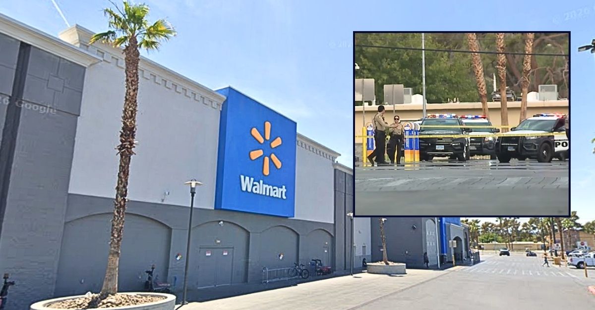 Inset: Police at the scene of the Las Vegas Walmart where a man pulled out a gun and shot someone inside the store before being killed by cops (KTNV/YouTube). The Walmart in Las Vegas, Nev., where a man was killed by police after shooting a person he got into an argument with (Google Maps).