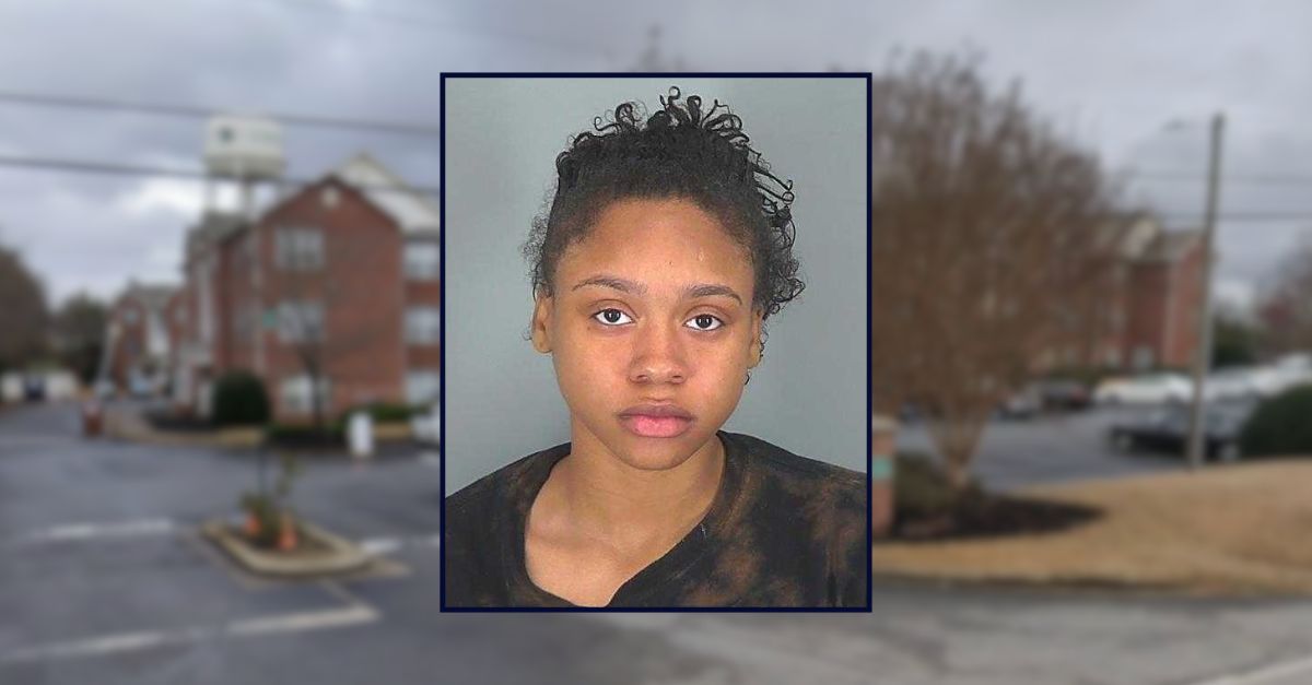 Zaria Owens appears in a booking photo inset against an apartment complex in South Carolina.