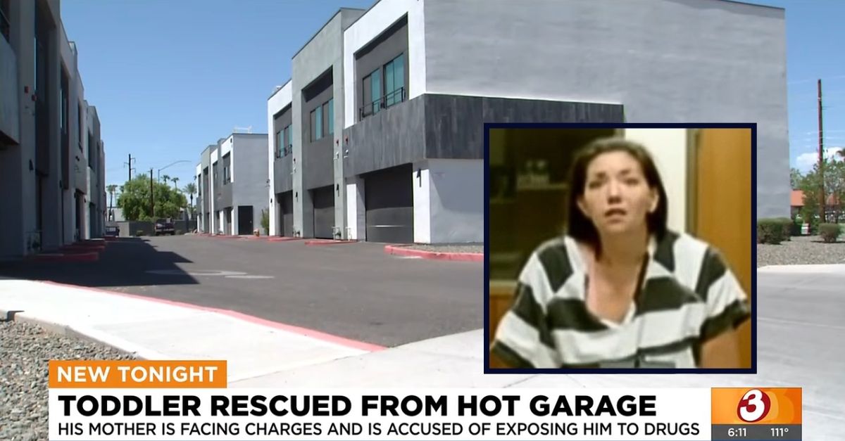 Inset: Amy Shellhammer. Background: The Arizona complex where Amy Shellhammer allegedly ditched her 2-year-old son in an "extremely hot" garage (AZ Family/YouTube).