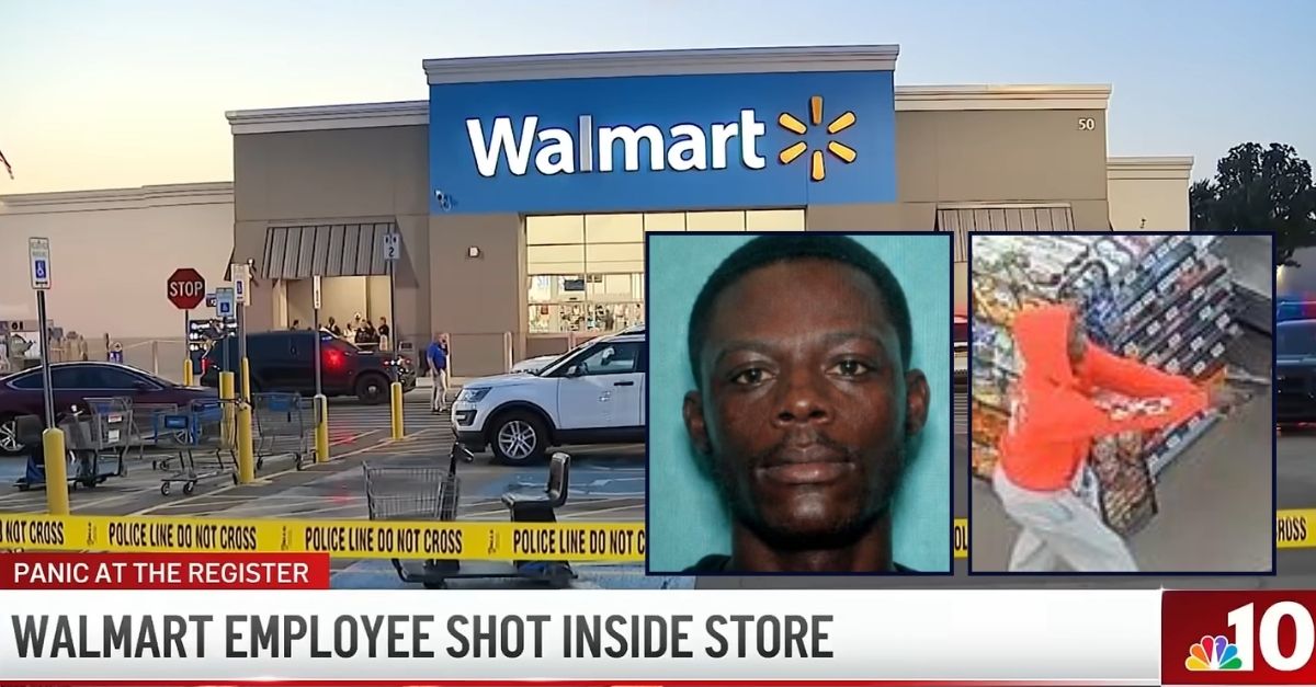 Left inset: Armani Waite (Darby Township Police Department). Right inset: Armani Waite was allegedly caught on camera opening fire inside a Pennsylvania Walmart (Delaware County District Attorney's Office). Background: The Walmart in Glenolden, Pa., where cops say Armani Waite got into a fight with a fellow shopper that led to a worker being shot (WCAU/YouTube).