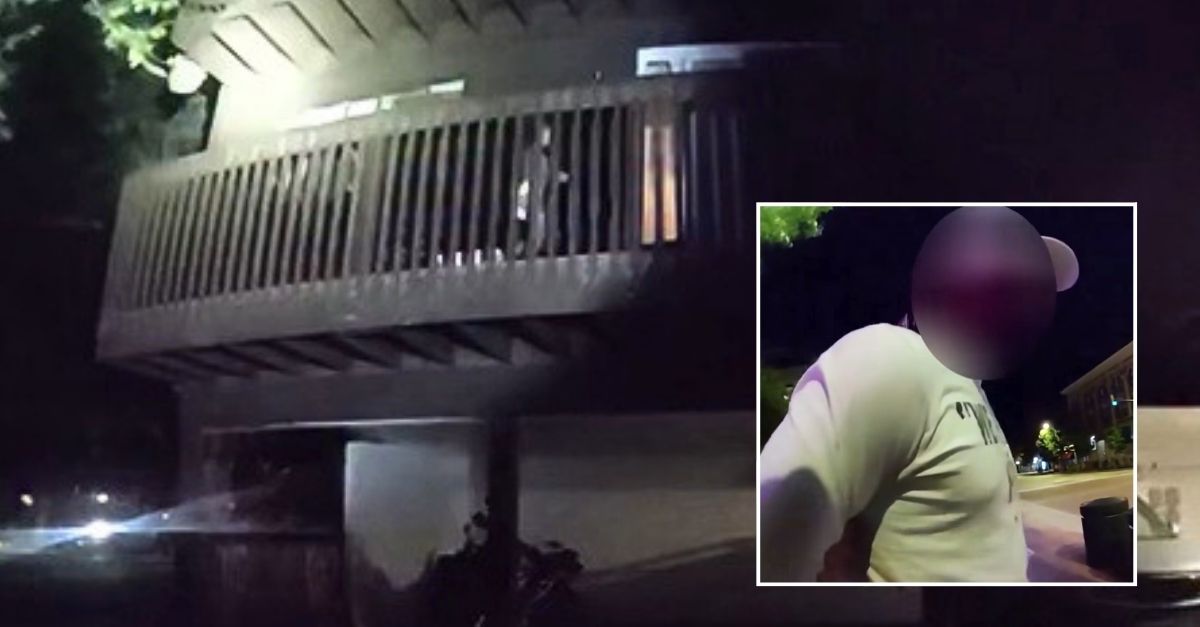 Inset: The Colorado father who allegedly left his daughter home alone while he went to a bar being arrested. Background: Body camera footage showing a girl in Boulder, Colo. who was yelling for help on a balcony (Boulder Police Department).