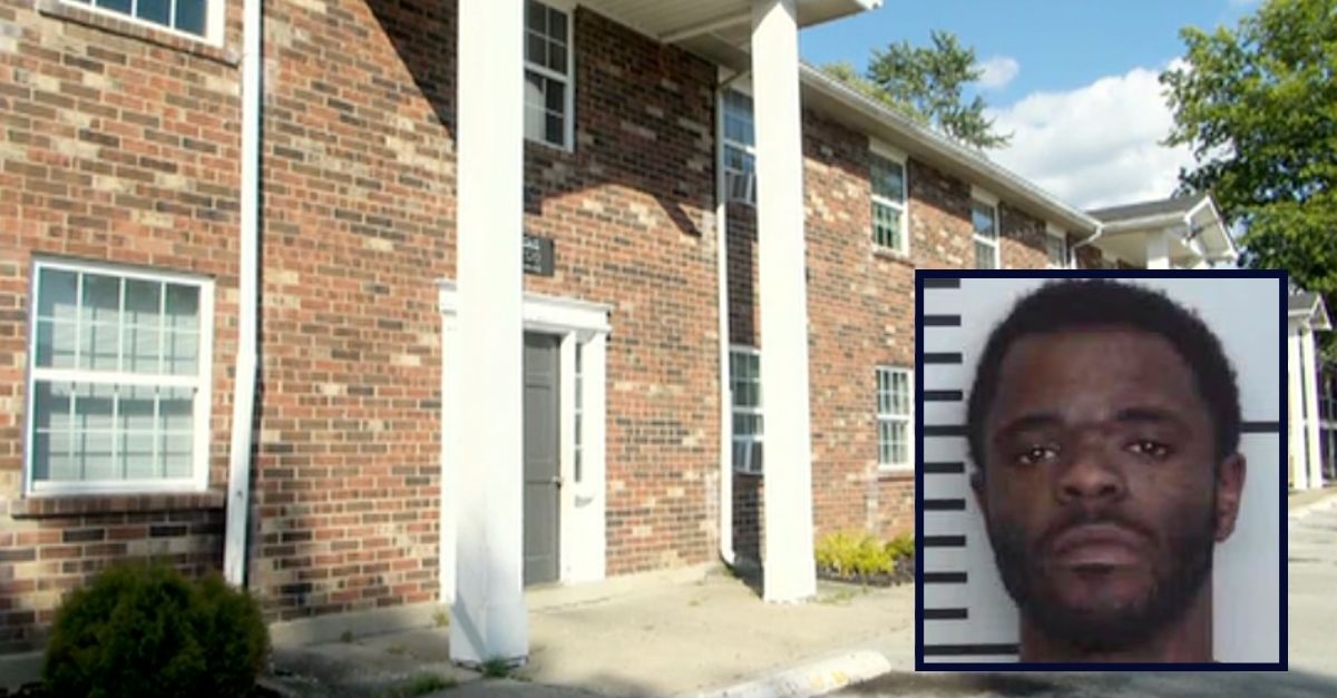 Inset: Desmond Potts (Jefferson County Sheriff's Office). Background: The apartment complex in Kentucky where Desmond Potts allegedly attacked a pregnant woman living with him (WAVE).