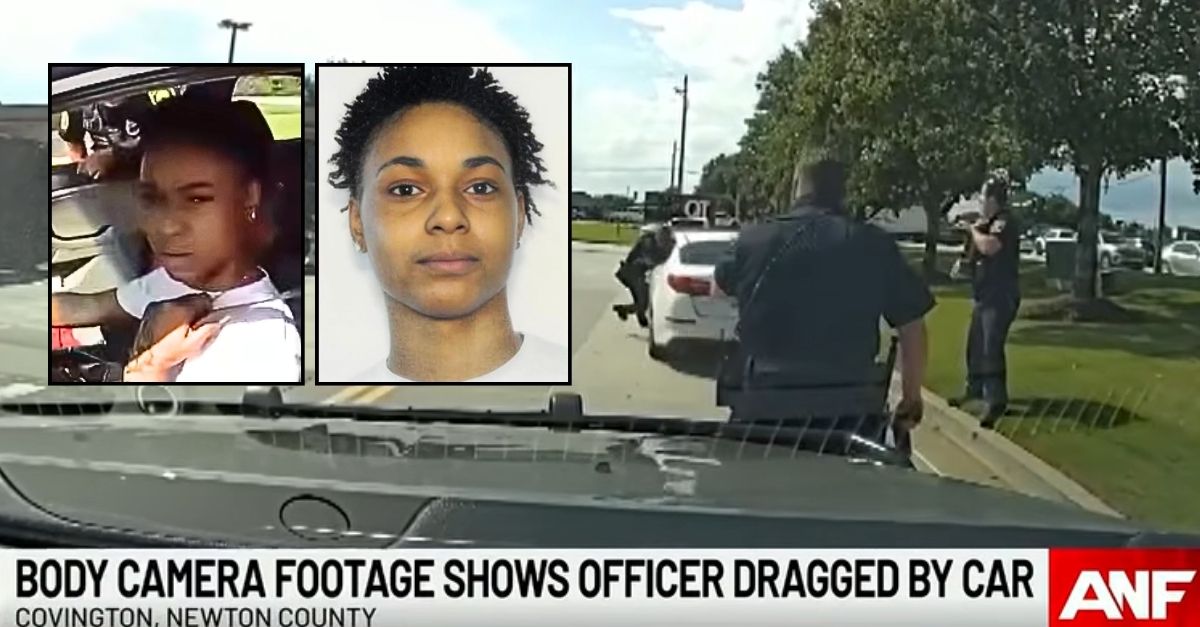 Insets: Destinee Riggins (WXIA/WSB/YouTube). Background: Police video allegedly shows a Georgia cop being dragged by 19-year-old Destinee Riggins with her car (WSB/YouTube).