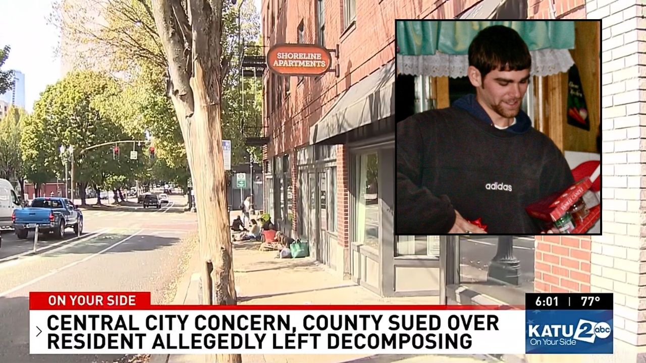 Inset: Eric Eno. Background: The Oregon housing complex where Eric Eno allegedly went unnoticed for weeks after dying (KOIN/YouTube).