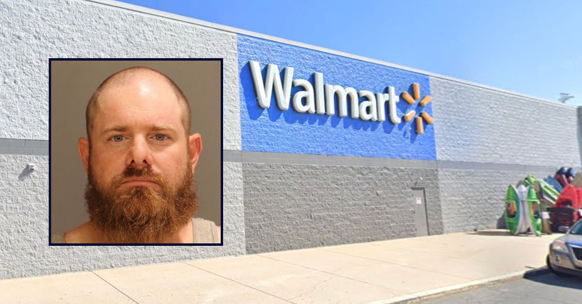 Justin Martin Wagner appears in a booking photo inset against an image of a Walmart.