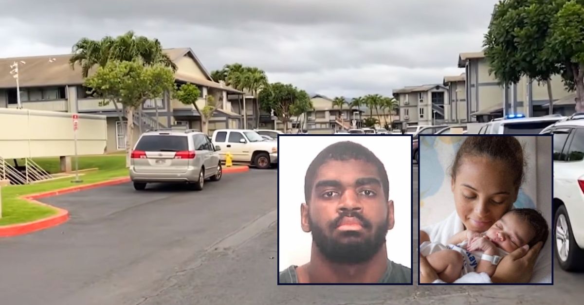 Left inset: Kendall Ramsey (Honolulu Prosecutor's Office). Right inset: Kayla Holder and her infant son Kainoa Ramsey (GoFundMe). Background: The apartment complex in Hawaii where Kendall Ramsey stabbed his girlfriend Kayla Holder and their 6-month-old son Kainoa Ramsey to death (KITV/YouTube).