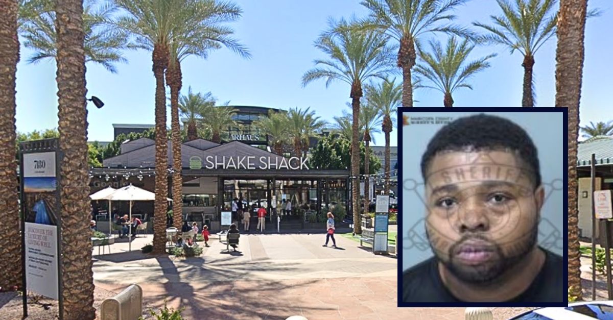 Inset: Keondre Simmons (Maricopa County Sheriff's Office). Background: The Shake Shack in Arizona where Keondre Simmons allegedly robbed his co-workers (Google Maps).