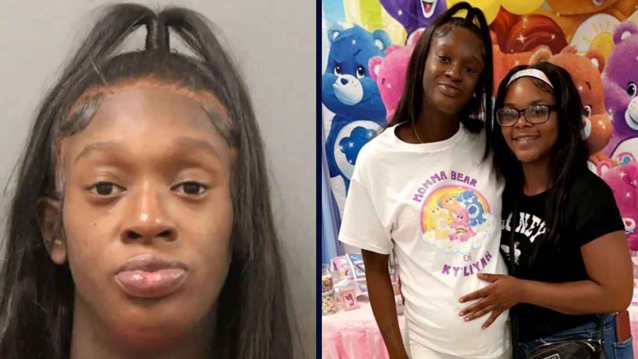 Left: Keshia Golden (Chicago Police Department). Right: Chicago mother Keshia Golden at her baby shower hours before she allegedly stabbed her boyfriend to death (WBEZ).