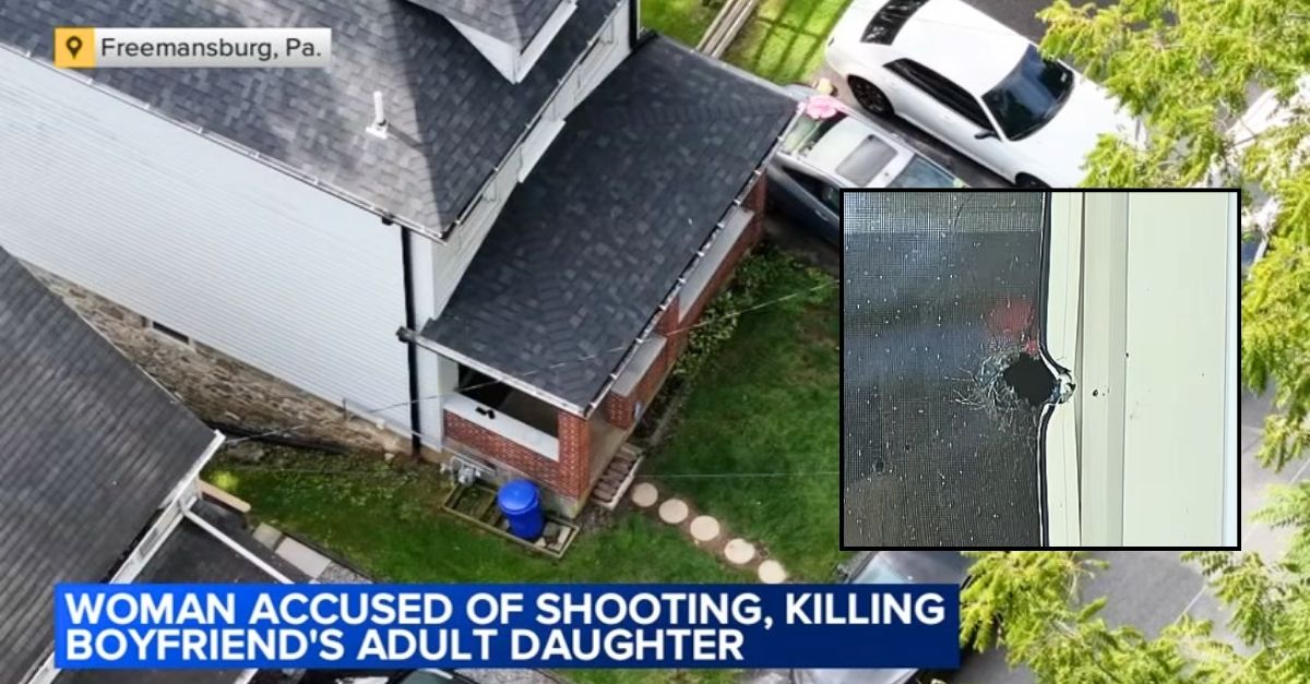 Inset: A bullet hole showing where Lacole Dotson allegedly opened fire on her boyfriend and his daughter. Background: The Pennsylvania home where Lacole Dotson allegedly shot her boyfriend and his daughter (WCAU/YouTube).