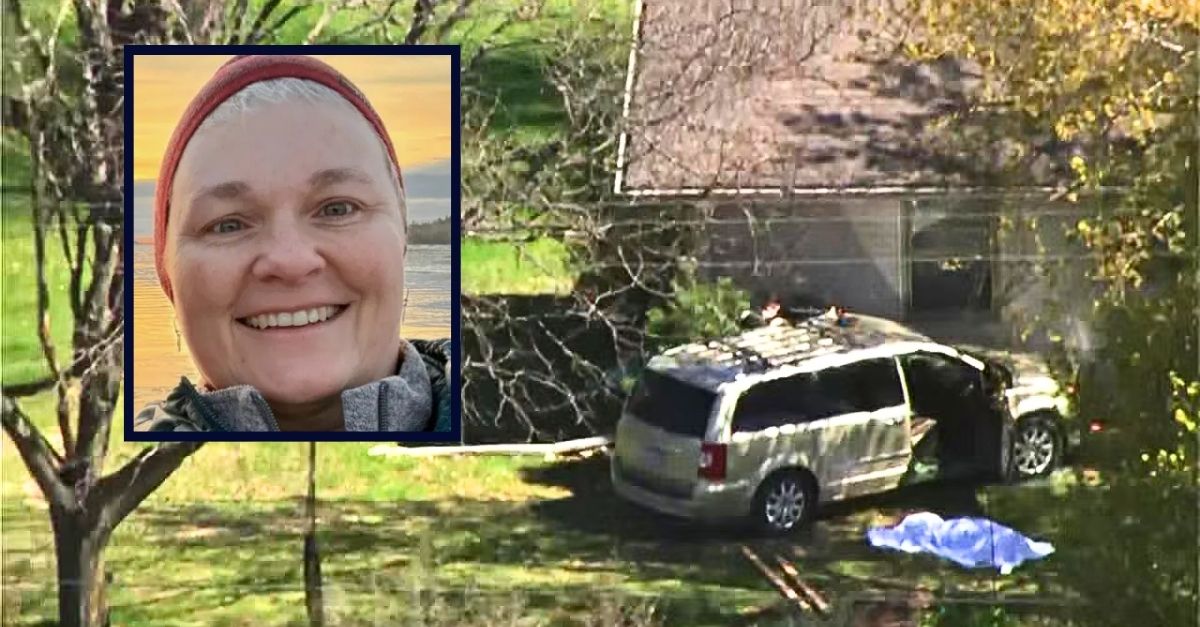 Inset: Crash victim Laura Bachinski (The Minnesota Star Tribune/Inspired Journeys). Background: The minivan that Charlotte Breton allegedly let her 15-year-old daughter drive when she killed Laura Bachinski and injured her wife Renee DeLong in Minnesota (KSTP).