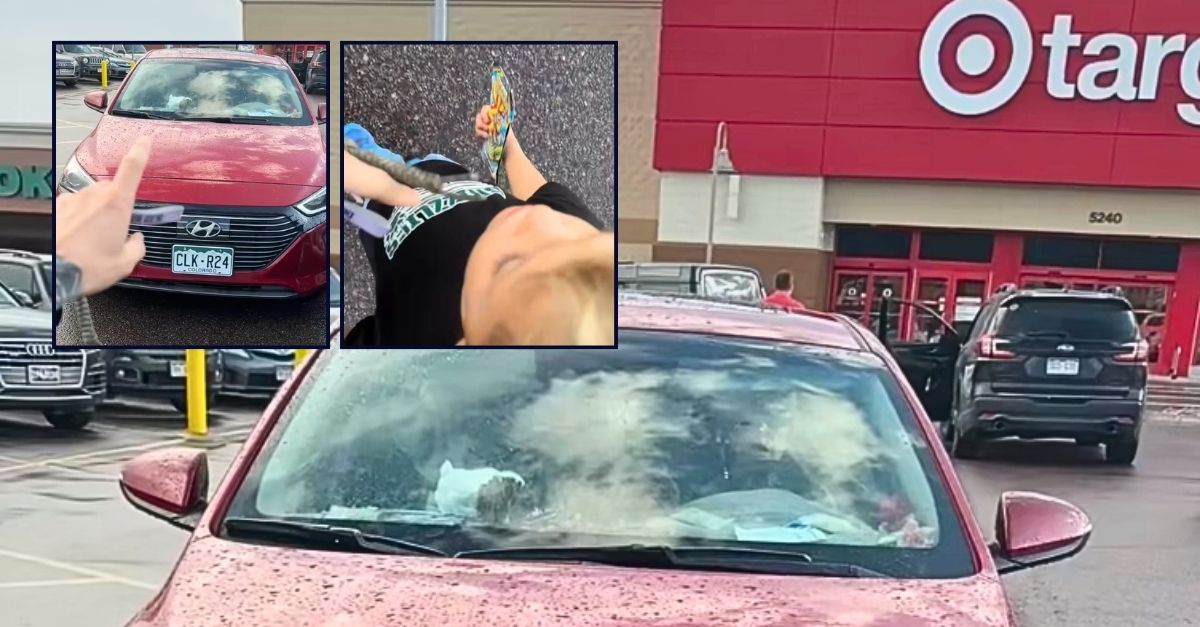 Insets: Colorado military veteran Miguel Tully filming in a Target parking lot as Christine Eisenstaedt allegedly drives her car toward him and his 5-year-old son (TikTok). Background: Video allegedly shows Christine Eisenstaedt driving her red Hyundai Ioniq into Miguel Tully as he shields his young son from her (TikTok).