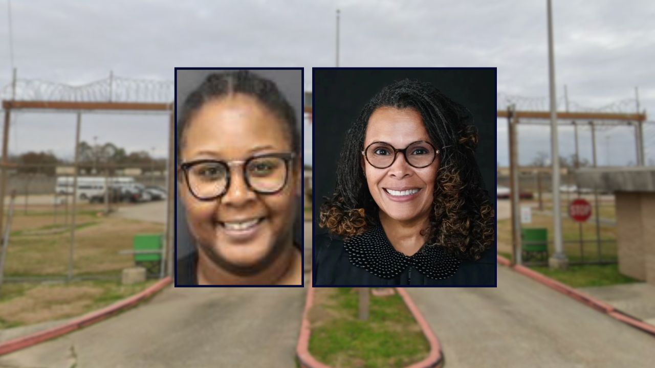 Sandra Page and Colette Greggs appears inset left to right against an image of a jail in Louisiana.