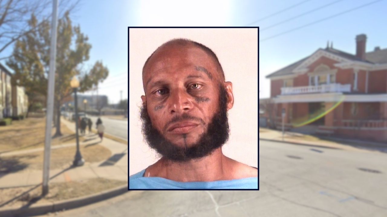Steven Black appears in a booking photo inset against an image of a residential street in Texas.
