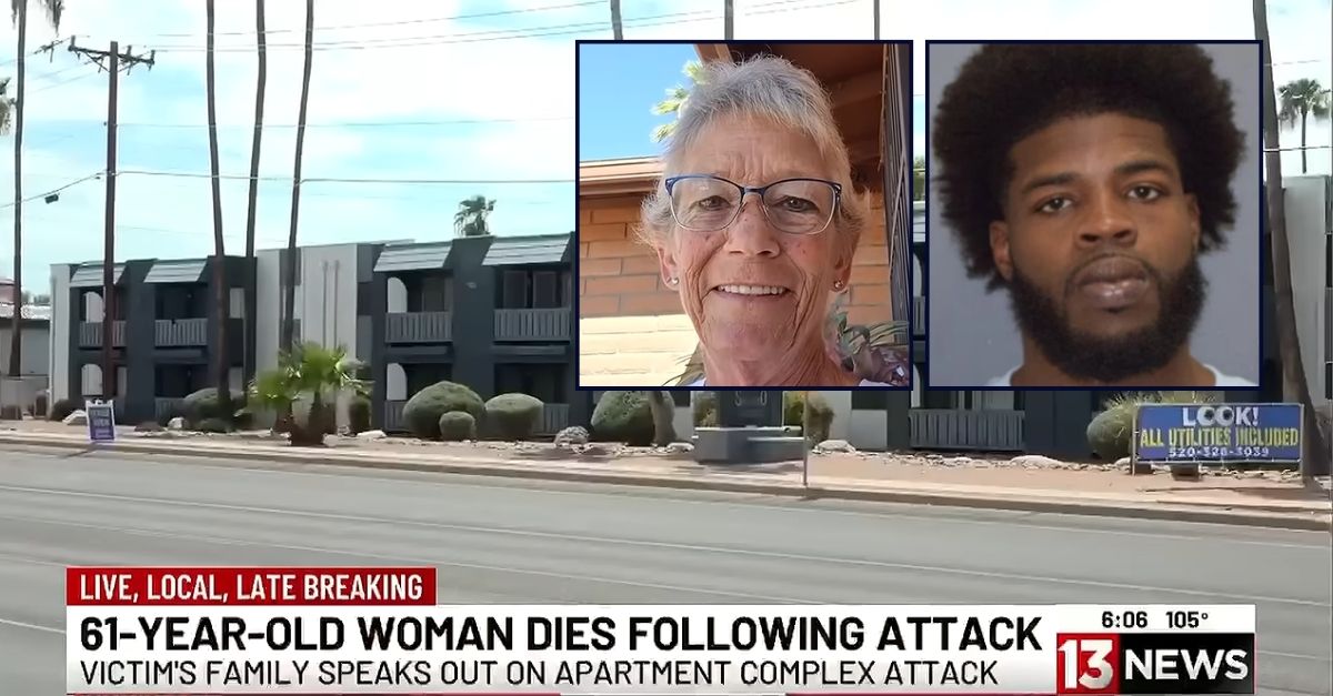 Left inset: Susan Gehrke (AZ Family/YouTube). Right inset: Dahseir Jefferson (Pima County Sheriff's Office). Background: The Arizona apartment complex where cops say Tucson grandmother Susan Gehrke was fatally punched by Dahseir Jefferson (AZ Family/YouTube).