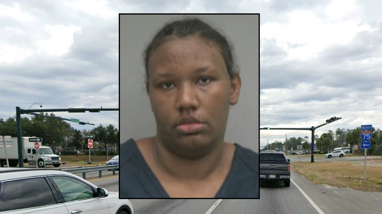 Inset: Christina S. Gordan (Alachua Sheriff's Office). Background: The area in Florida where Gordan got into the fatal crash last year (Google Maps).