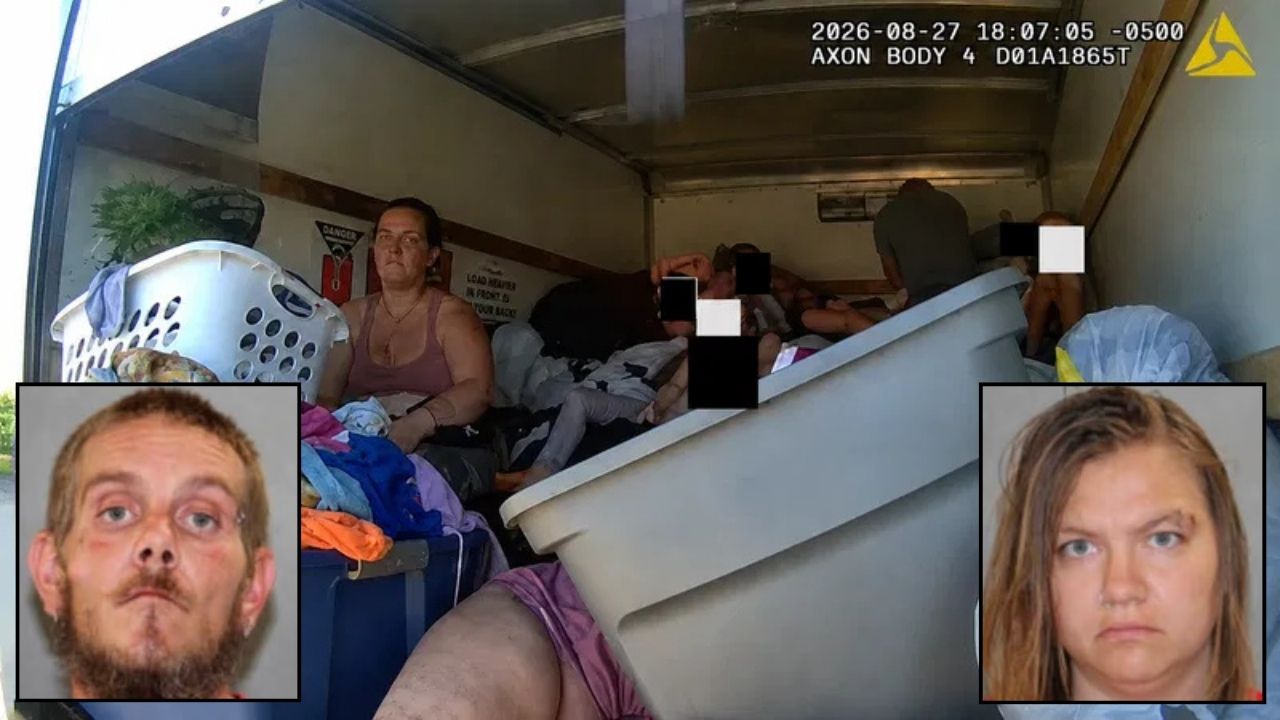Inset, left to right: Roy Hamel II and Sabrina McKinney (Livingston County Sheriff's Office). Background: An image from inside of the U-Haul (LCSO).