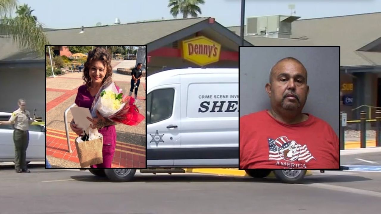 Inset, left to right: Brittney Harris immediately after graduating from Merced College's nurse assistant program (KFSN) and David Moreno (Madera County Sheriff's Office). Background: Authorities at the Denny's where Moreno allegedly killed Harris (KFSN).