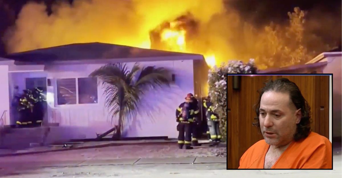 Inset: Marcus Sanchez in court (WTVJ). Background: The home Sanchez set on fire with his dead wife inside (WTVJ).