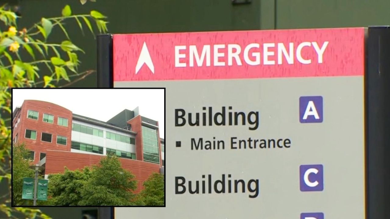 Inset: Salem Hospital in Salem, Ore., where Aleksandr Yeremeyev and Nataliya Yeremeyev say staff forced them to take their dead baby home. Background: A sign for Salem Hospital's emergency room, where Aleksandr Yeremeyev and Nataliya Yeremeyev allegedly walked through the lobby with their dead infant (KATU/YouTube).