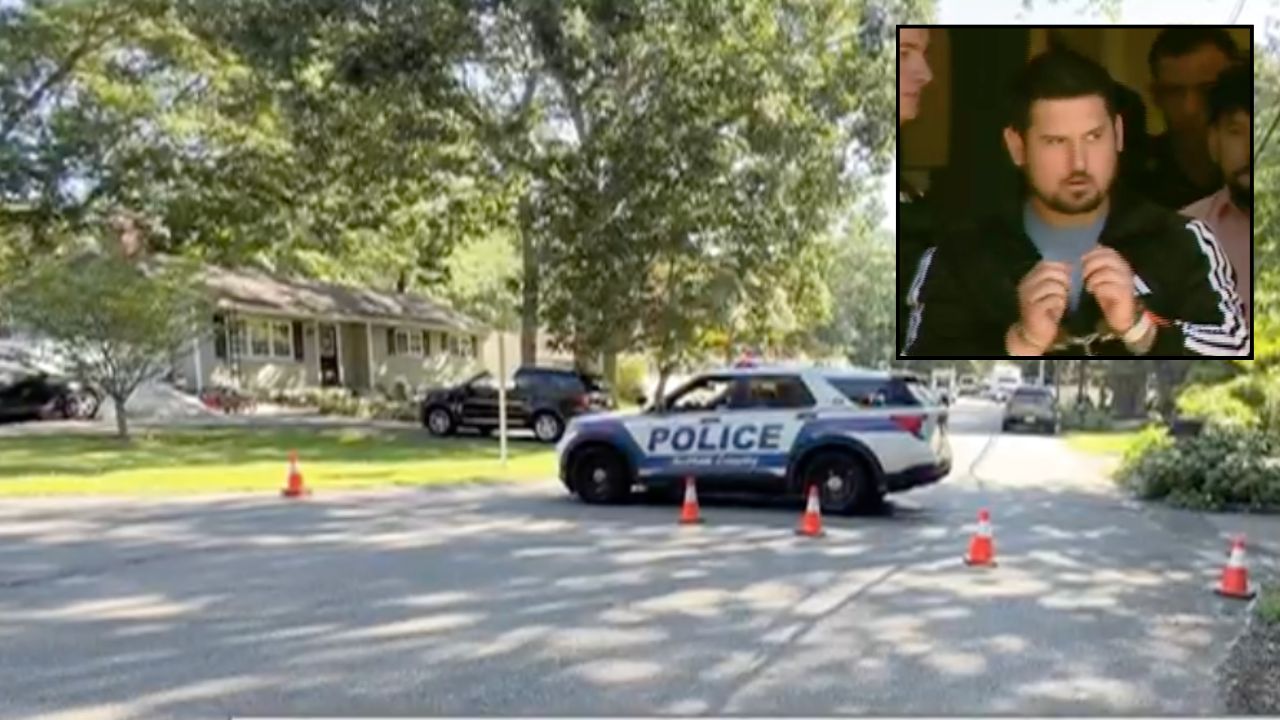 Inset: Sage Arias-Brown being escorted by Suffolk County Police (News12). Background: The area in Long Island where Arias-Brown allegedly killed his father (News12).
