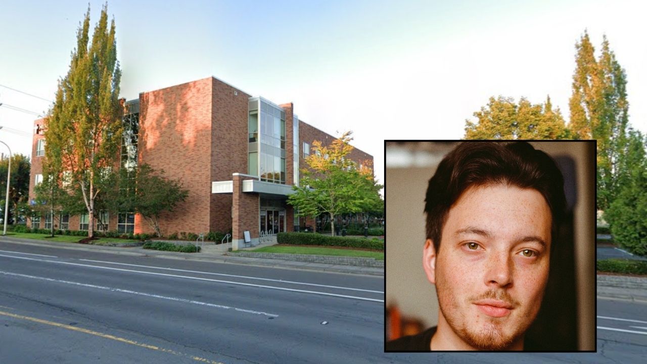 Inset: Brandon Harris (U.S. Will Registry). Background: Providence Urgent Care in Sherwood, Ore., where Brandon Harris allegedly showed up with a headache before being sent home and dying (Google Maps).
