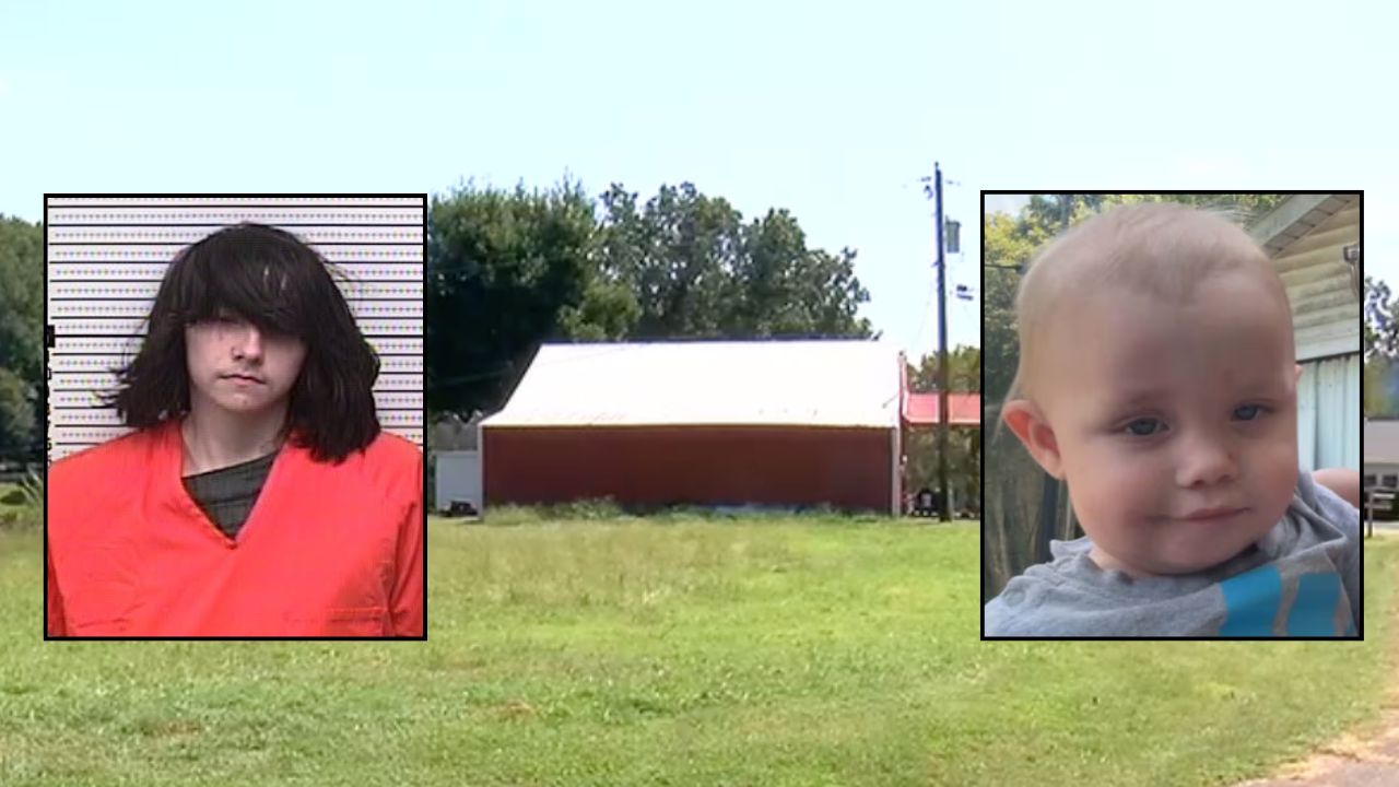 Inset, left to right: Elijah D. Mayes and Grayson Walton (Central City Police Department). Background: The home in Cleaton, KY, where Grayson's body was found (WFIE). 