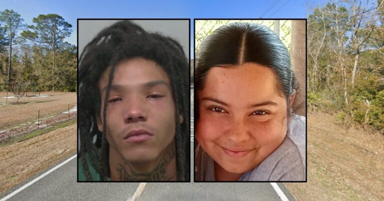 Left inset: Isaiah Campbell (Columbia County Sheriff's Office). Right inset: Nicole Lopez (WTLV/YouTube). Background: The area where Isaiah Campbell and Nicole Lopez were staying when Campbell allegedly killed Lopez (Google Maps).