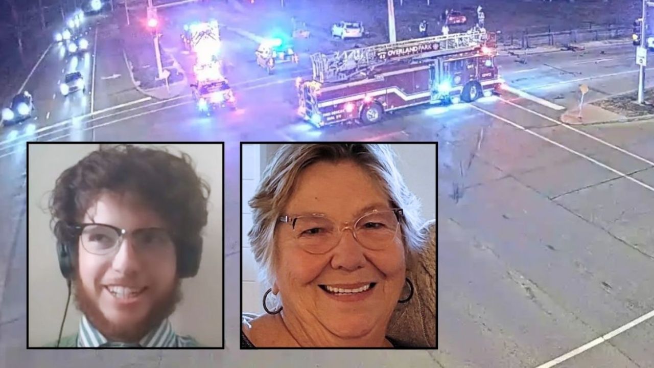 Left inset: Isaiah Sadowski (YouTube). Right inset: Barbara Patterson (Amos Family Funeral Home). Background: The scene of the crash that Isaiah Sadowski caused in Kansas, killing Barbara Patterson (KSHB).