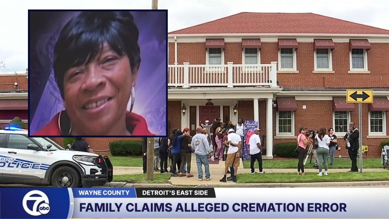 Inset: Kimberly Moore. Background: Michigan police and family members at the Hutchison Funeral Home in Detroit after Kimberly Moore was allegedly cremated by accident (WXYZ/YouTube).