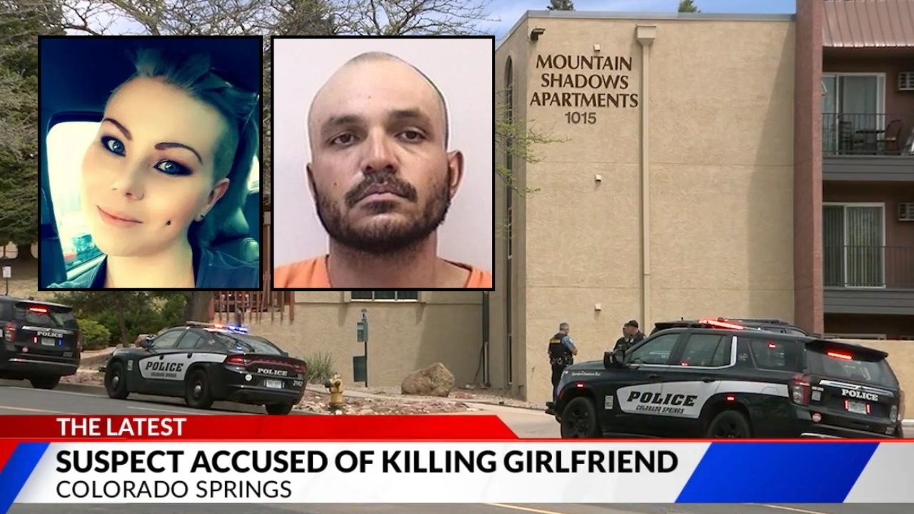 Left inset: Lisa West (Manchester Funeral Home). Right inset: Kevin Wells (Colorado Springs Police Department). Background: Colorado police at the apartment complex where Lisa West was murdered by Kevin Wells (KXRM/YouTube).