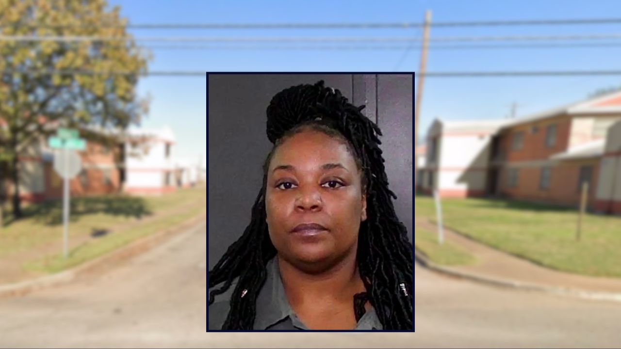 Darnisha Lumpkin appears inset against a residential street in Texas.