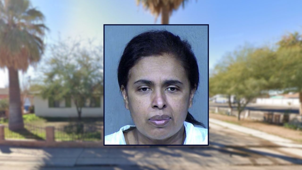 Maribel Loera inset against a house in Arizona.