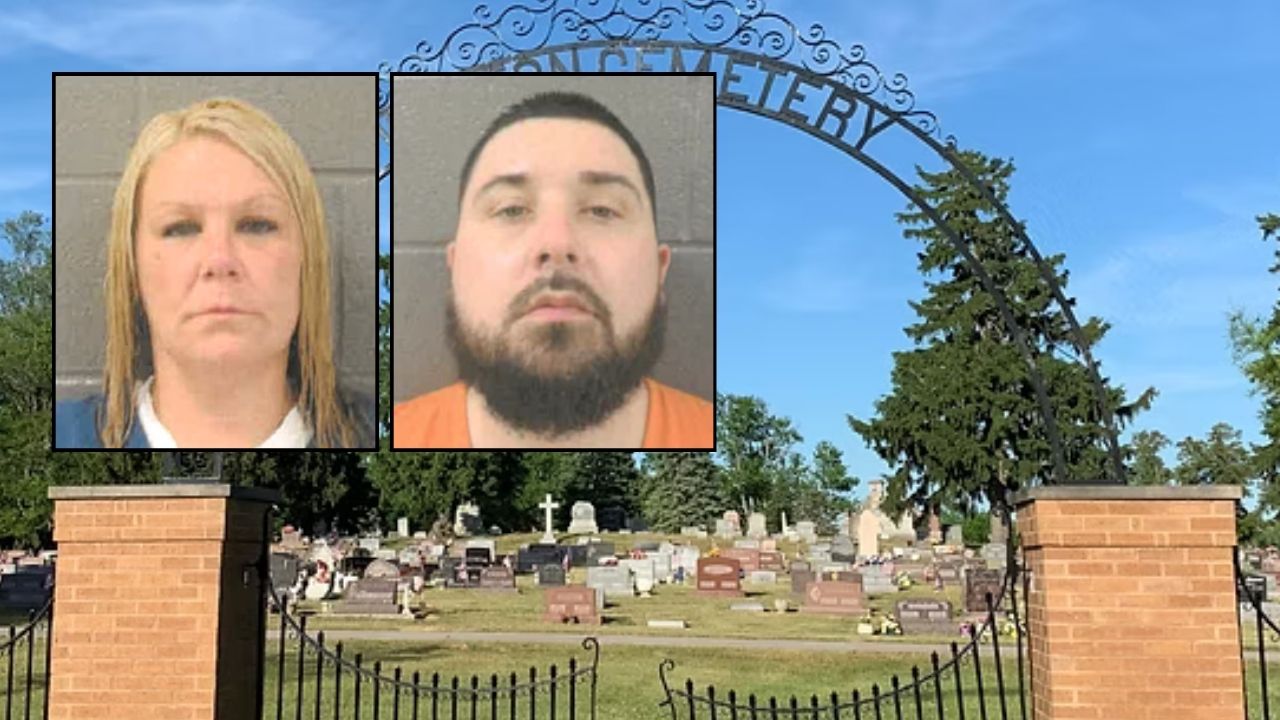 Left inset: Rachel Ankney. Right inset: Dustin Willmarth (Wood County Jail). Background: The Ohio cemetery where Rachel Ankney and Dustin Willmarth allegedly brought their kids to fight other children (Village of Weston). 