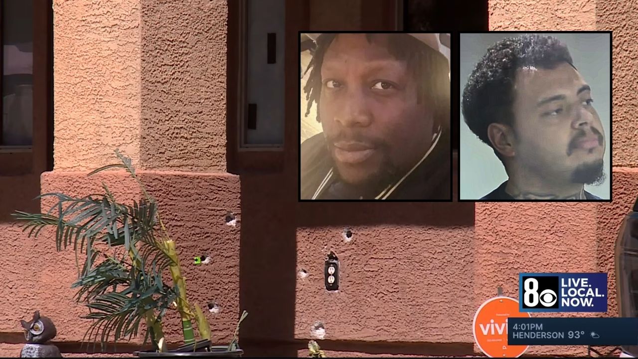 Left inset: Rasham Sylvester (GoFundMe). Right inset: Alexian Rodriguez-Navar in court (KTNV/YouTube). Background: The home where Alexian Rodriguez-Navar allegedly opened fire on his neighbor, Rasham Sylvester, and killed him (KLAS/YouTube).