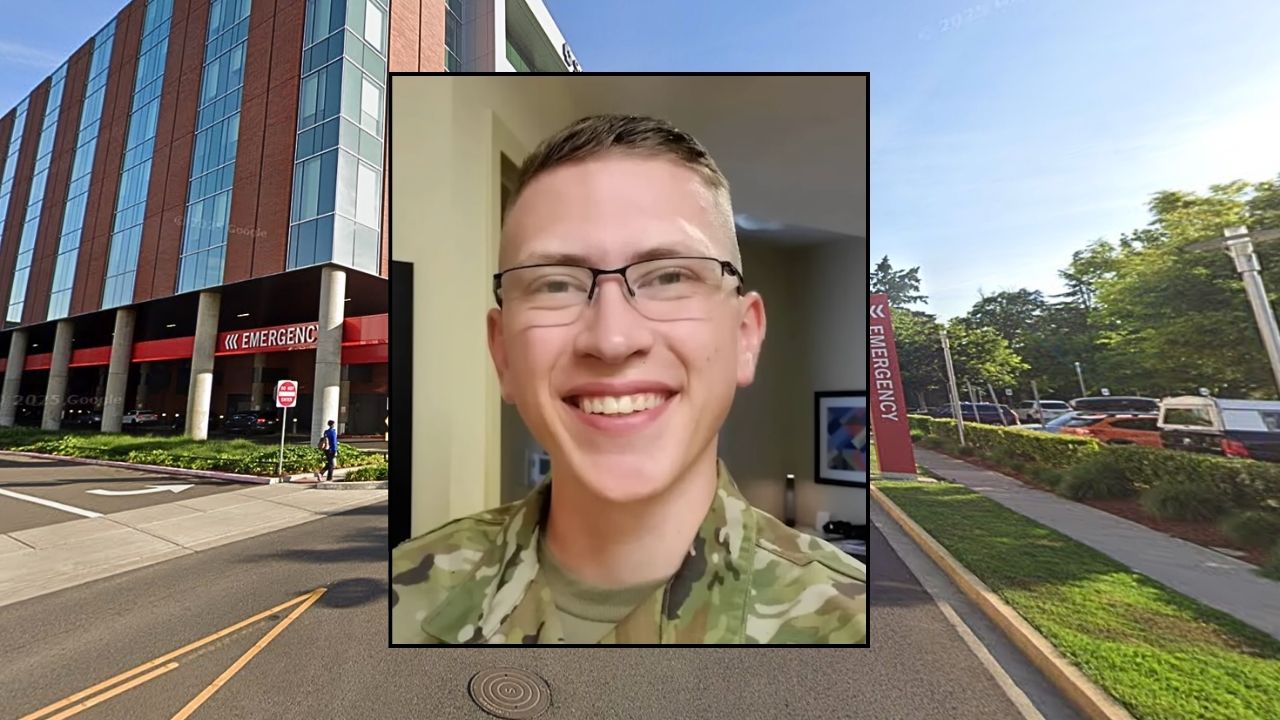 Inset: Reece Sorenson (Facebook/Law&Crime Network). Background: Salem Hospital in Oregon, where Reece Sorenson's infant twins were treated (Google Maps).