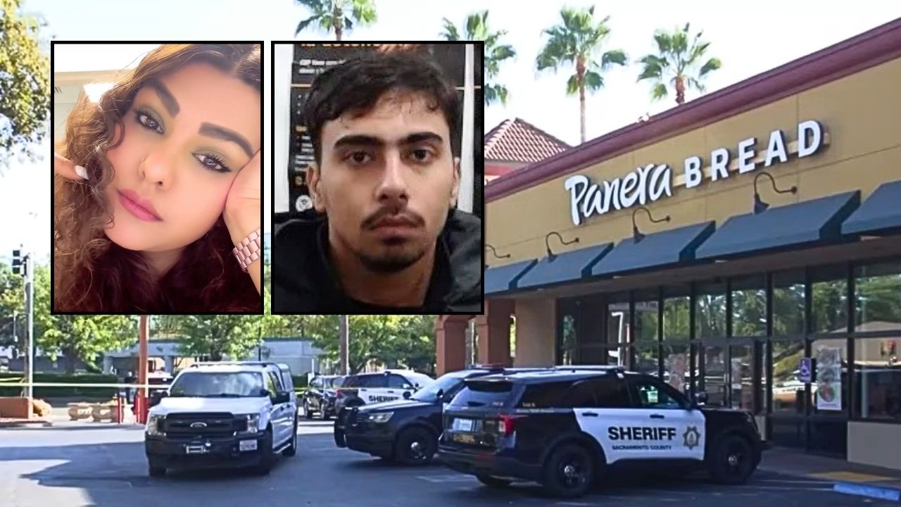 Left inset: Shalini Thakur (GoFundMe). Right inset: Rohit Rohit (Department of Homeland Security). Background: The Panera Bread in California where Rohit Rohit chased down and killed Shalini Thakur (KCRA/YouTube).