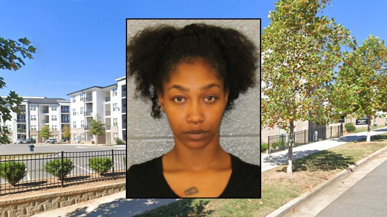 Inset: Shidae Brown (Mecklenburg County Sheriff's Office). Background: The apartment complex in North Carolina where Shidae Brown allegedly abused and injured a 7-month-old boy (Google Maps).