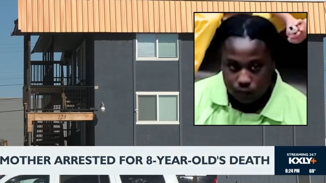 Inset: Travionna Johnson in court. Background: The Washington state apartment building where Travionna Johnson allegedly left her 8-year-old daughter home alone (KXLY/YouTube).