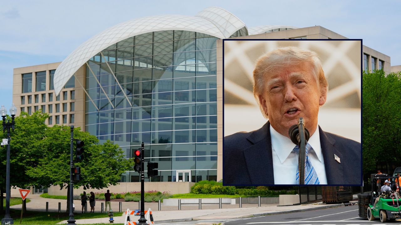 Donald Trump inset against the U.S. Institute of Peace headquarters in D.C.