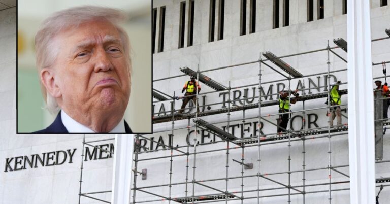 Inset: President Donald Trump speaks outside the Oval Office of the White House, Monday, April 13, 2026, in Washington (AP Photo/Alex Brandon). Background: Workers stand on scaffolding near the signage for the Donald J. Trump and John F. Kennedy Memorial Center for the Performing Arts in Washington, DC, on June 12, 2026. (Photo by Olivier Douliery/Abaca/Sipa USA - Sipa via AP Images).