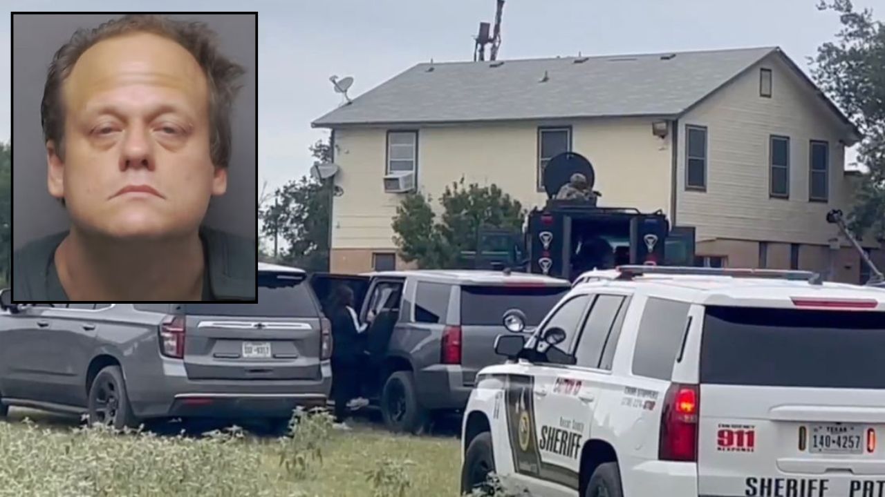 Inset: Charles Vandoil Byrd (Bexar County Sheriff's Office). Background: Authorities outside the home where Byrd killed his wife last year (KSAT).