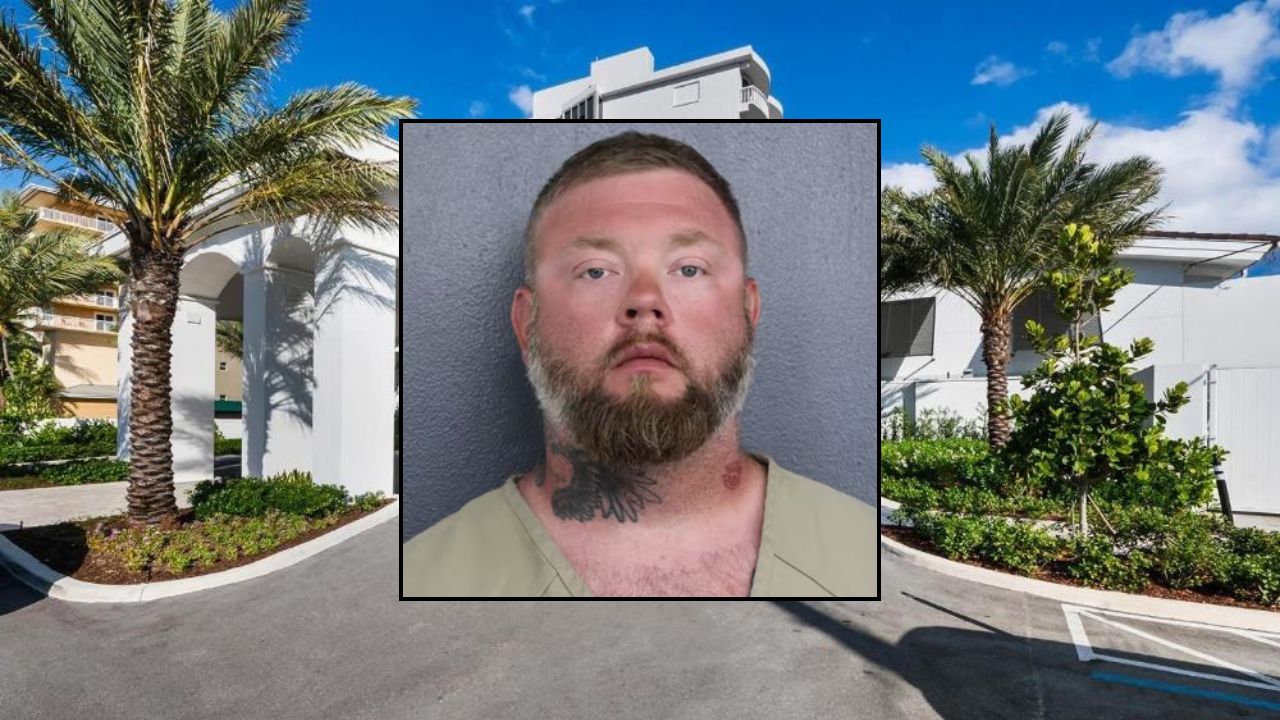 Inset: Christopher Eversole: Broward County Sheriff's Office). Background: The Florida hotel where Eversole allegedly assaulted his girlfriend (Google Maps).