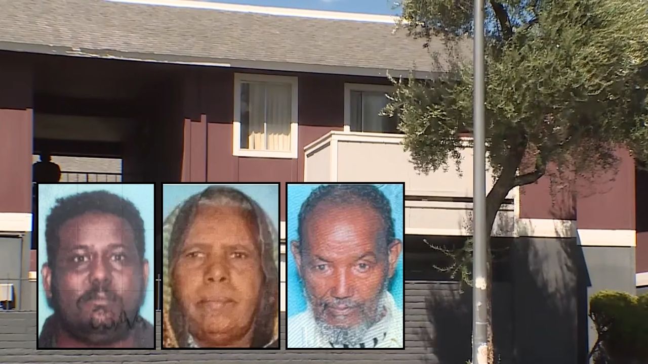 Insets, left to right: Abdelhafiz Abdelgader, Jimea Mahmoud and Ibrahim Jihar (GoFundMe). Background: The apartment building where Abdelhafiz Abdelgader killed his parents, Jimea Mahmoud and Ibrahim Jihar, before taking his own life (KLAS/YouTube).