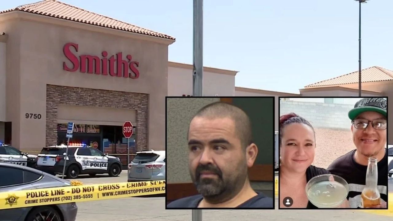 Left inset: Alejandro Estrada in court (KLAS). Right inset: Amanda Frias Rosas and her new husband Victor Frias Rosas (GoFundMe). Background: The Las Vegas grocery store where Nevada couple Amanda Frias Rosas and Victor Frias Rosas were both allegedly shot and killed by Amanda's ex-husband (KLAS/YouTube).