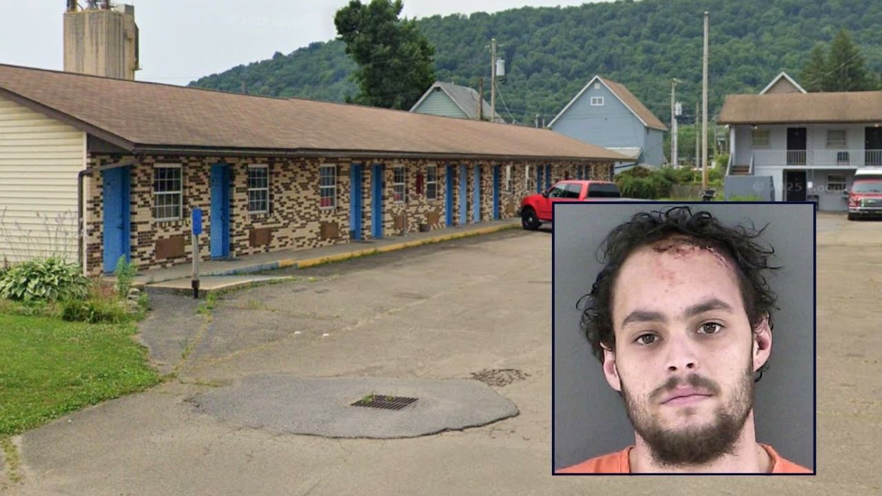 Inset: Brian Kuchinka (McKean County District Attorney's Office). Background: The Pennsylvania motel where Brian Kuchinka stuffed his ex-girlfriend's body under a bed after killing her (Google Maps). 