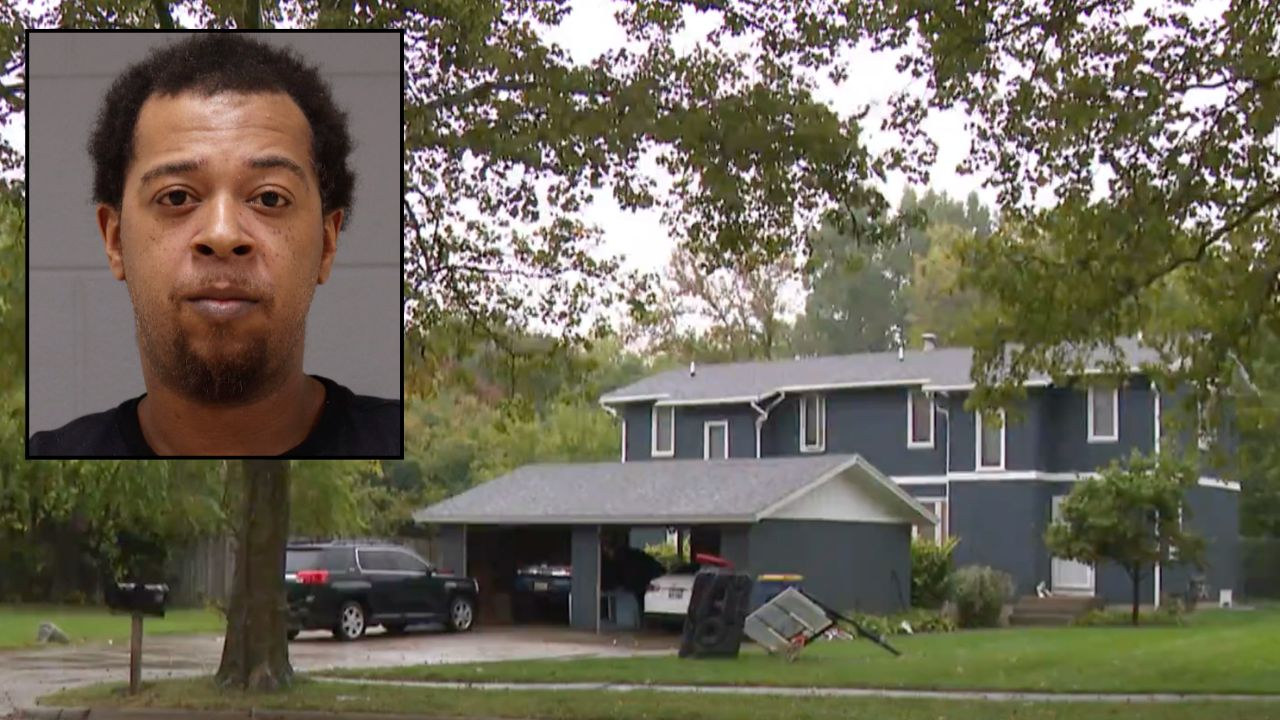Inset: Derrick C. Adams (Kent County Correctional Facility). Background: The Michigan home where Adams allegedly held his girlfriend captive (WOOD).